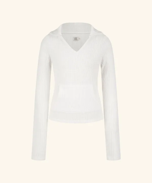 Fluffy V-Neck Slim-Fit Hoodie ( Ivory )