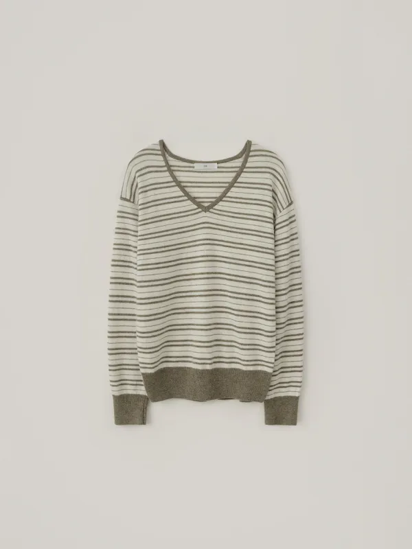 [Cashmere] Dolce Stripe V-Neck Knit - Taupe