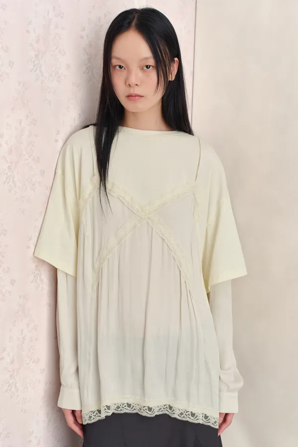 LACE LAYERED LONG SLEEVE TOP, IVORY