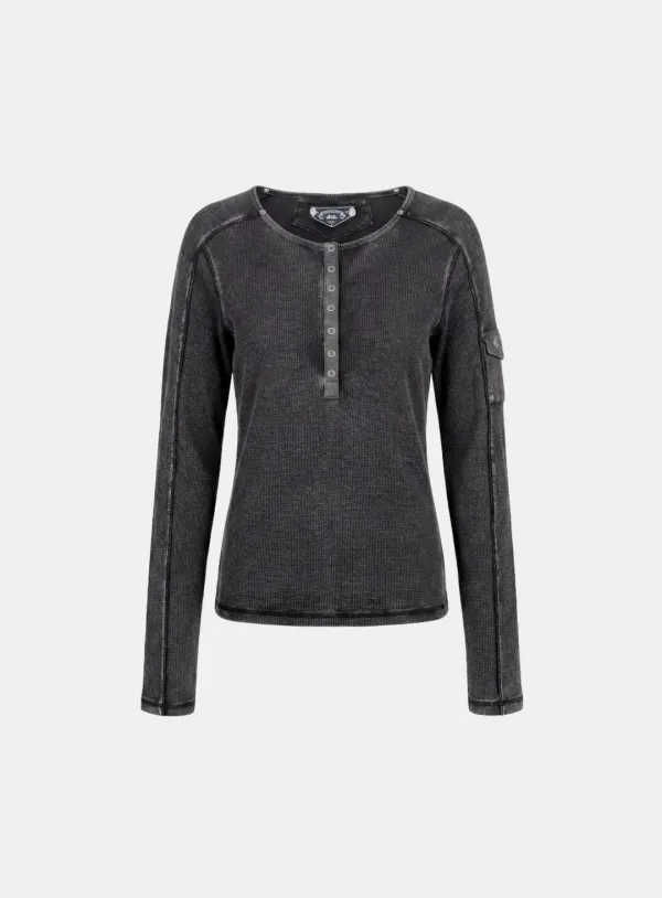 [w-tee26-009] Viper Cotton Rib Henley Neck Long Sleeve - Black