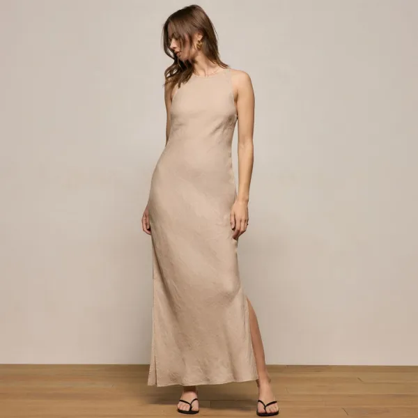 Linen Halter Maxi Dress - Stone
