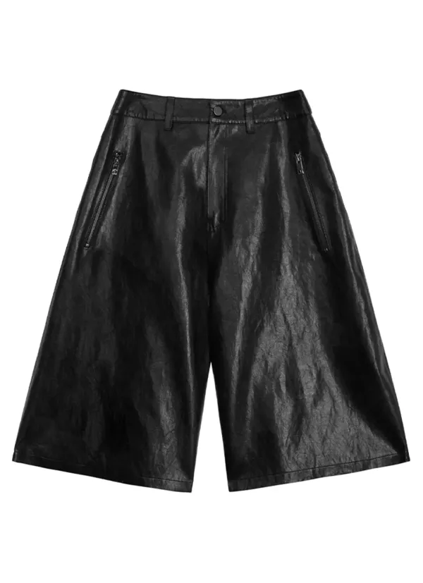 Distressed Leather Set-up Shorts [ Black ]
