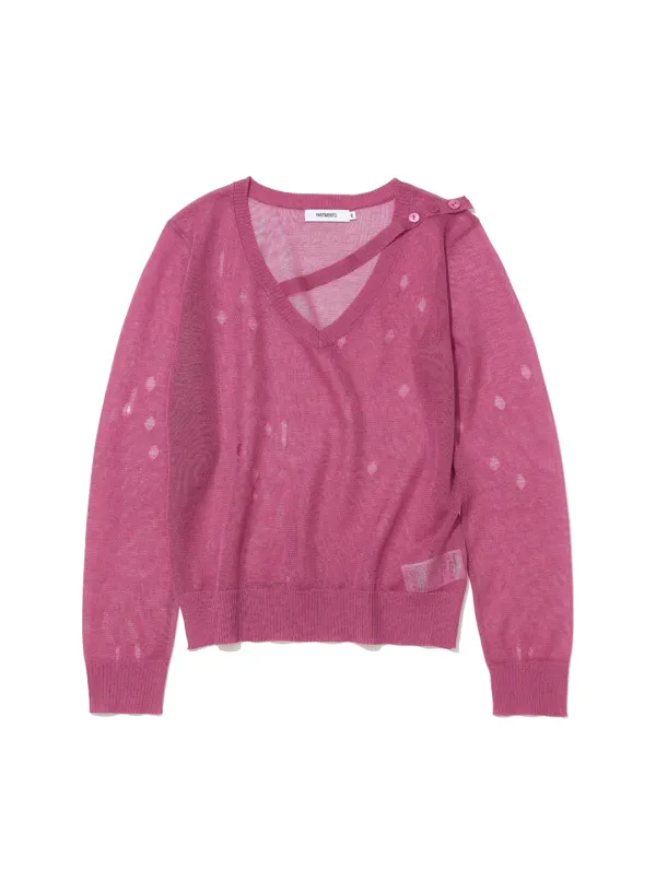 [WOMEN] SHEER DISTRESSED V-NECK KNIT TOP_FUCHSIA PINK