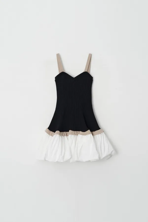 Contrast Volume Knit Mini Dress (black+beige)