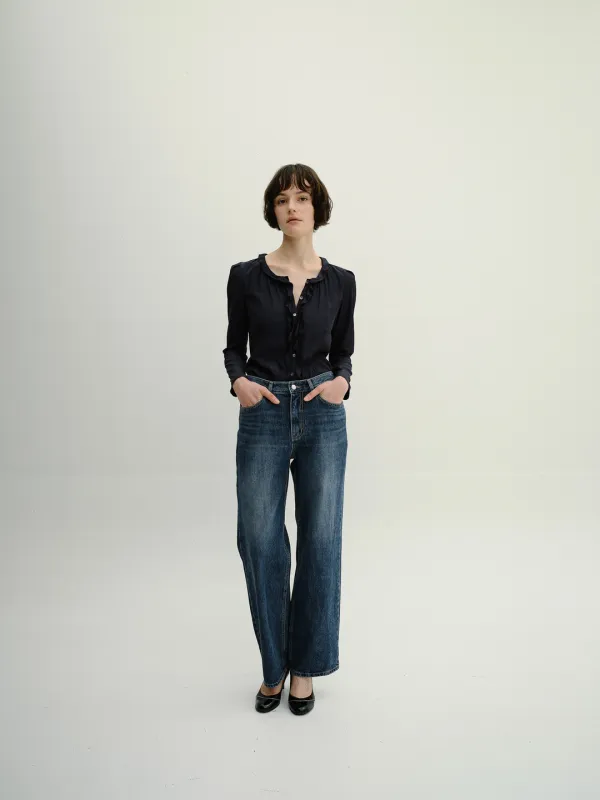 SEZANE VINTAGE RUFFLE BLOUSE / NAVY