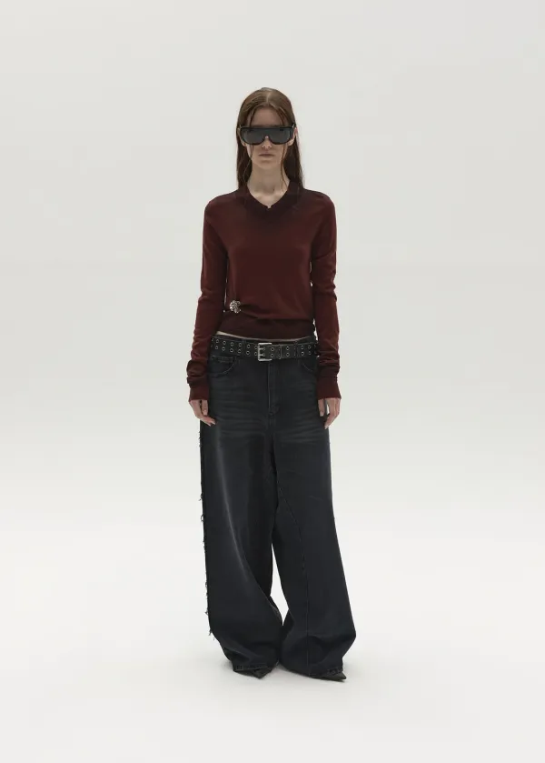 FRAYED SIDES WIDE DENIM (GREY)