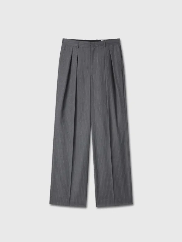(W) STRIPED WOOL DOUBLE-PLEATED WIDE TROUSERS_ GREY STRIPE