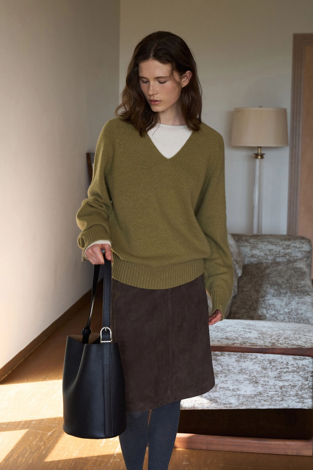 라메레이 Wholegarment V-Neck Knit Top[LMBFAUKN2100]-Olive 상품 이미지 1