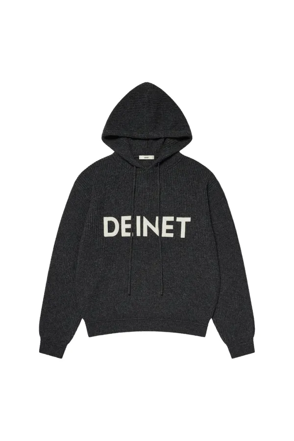 BASIC LOGO KNIT HOODIE IN CHARCOAL
