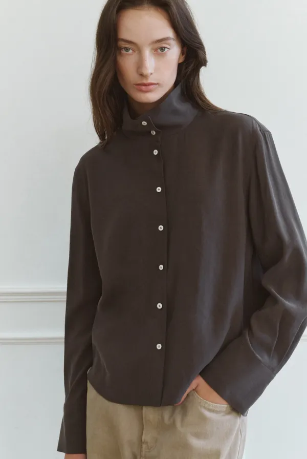 Fluid High Neck Blouse (Choco Gray)