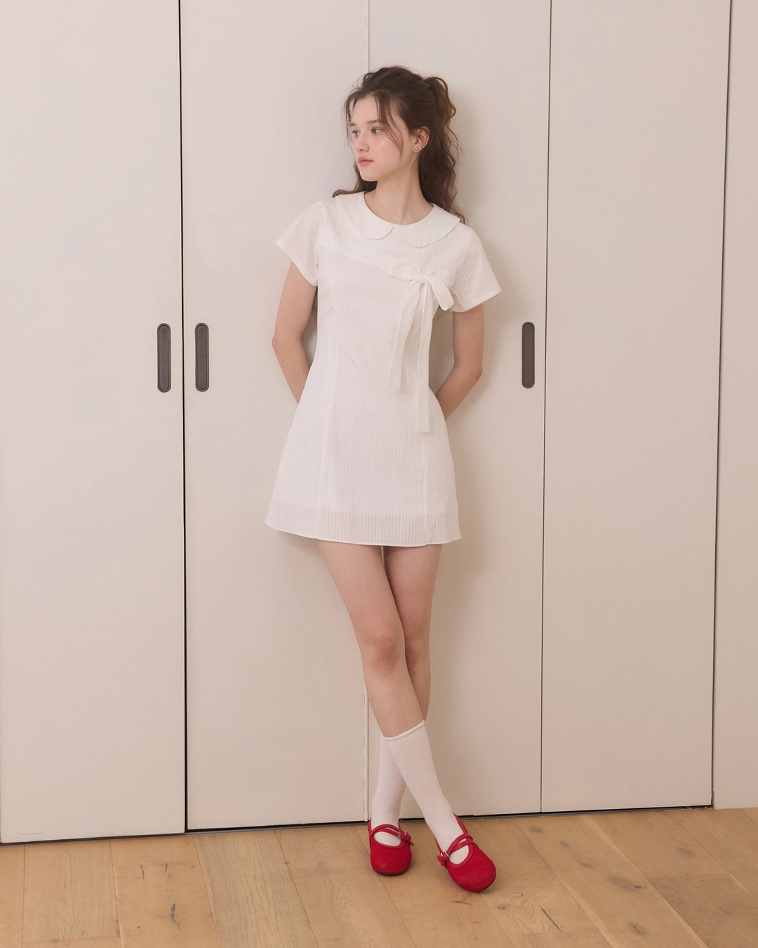 어다울 Oblique ribbon mini dress - white 상품 이미지 1