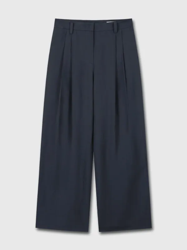 LINEN TWO PLEATS WIDE PANTS_ NAVY