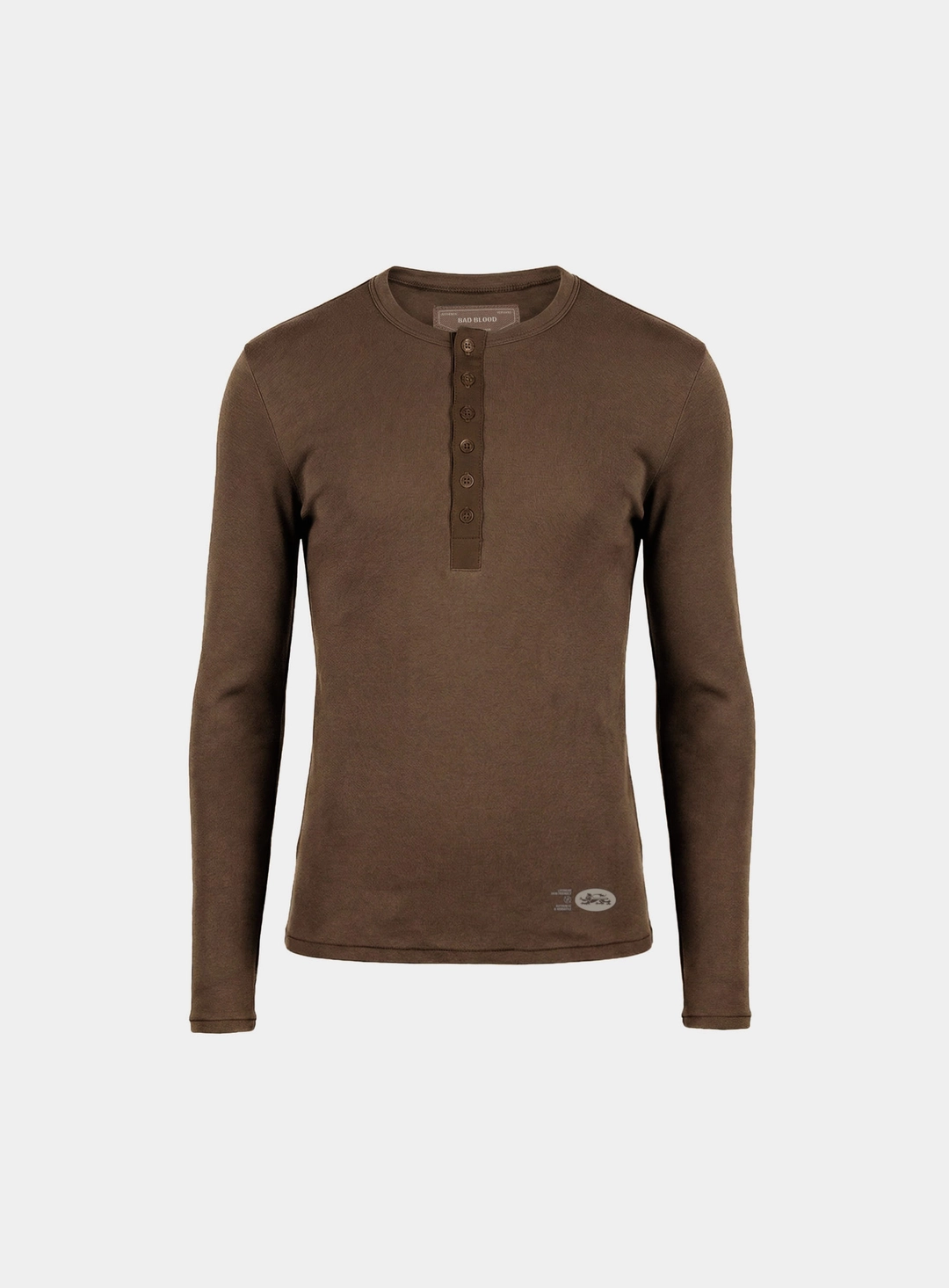 배드블러드 [w-tee26-042] BS Cotton Jersey Fitted Henley Neck Long Sleeve T-Shirt - Brown 상품 이미지 1