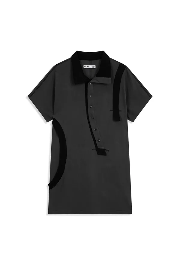 CURVED BUTTON PANEL TEE, CHARCOAL