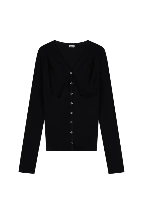 SILK BLEND V NECK CARDIGAN (BLACK)