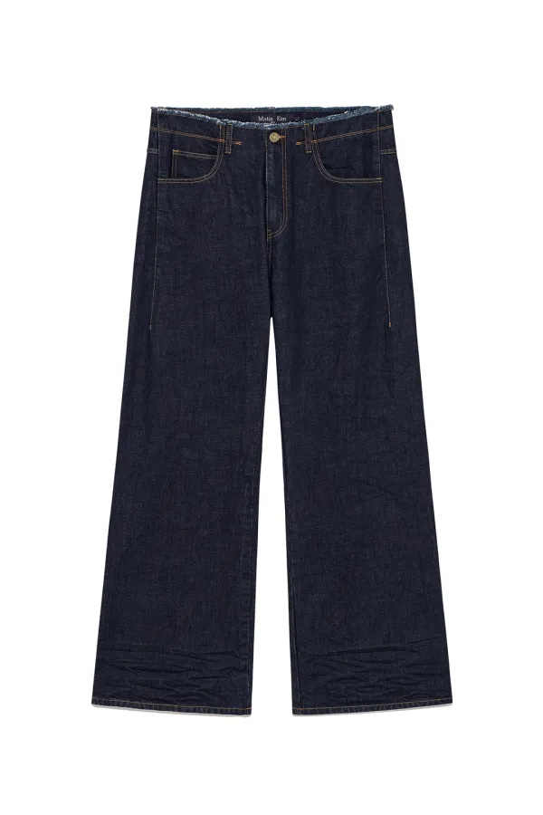 BACK PINTUCK WAISTLESS DENIM PANTS FOR MEN IN NAVY