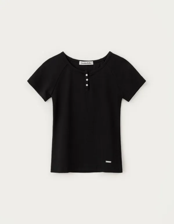 Lay Button Raglan Top - Black