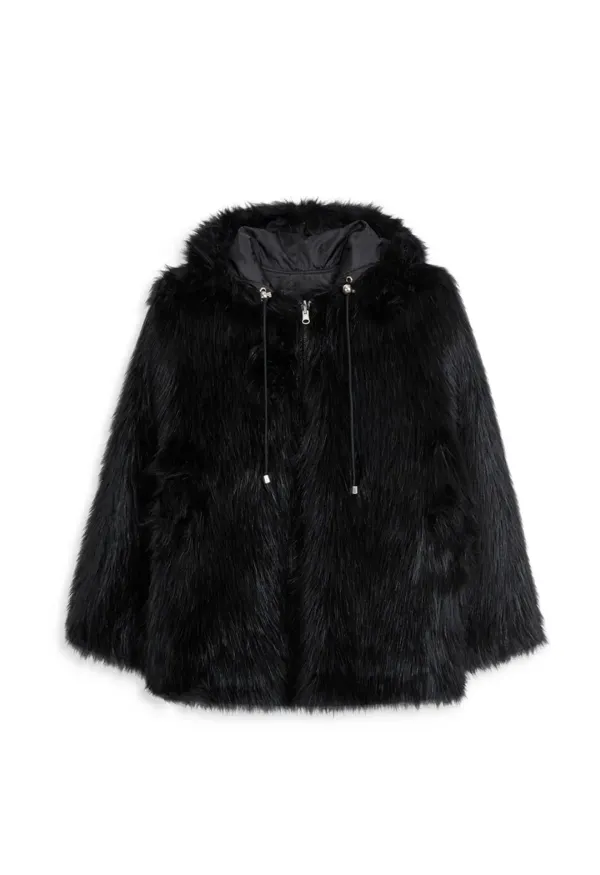 REVERSIBLE FAUX FUR HOOD JACKET, BLACK