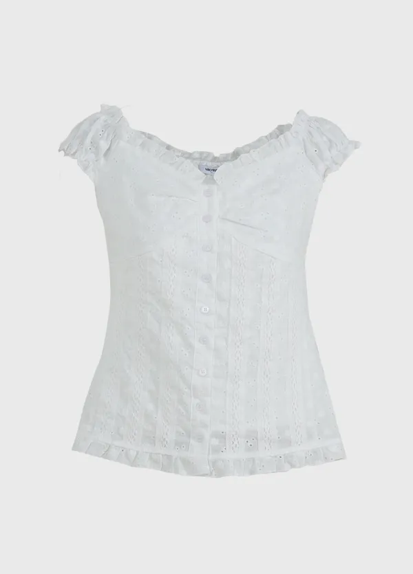 [44-120]  Ione Lace Off-shoulder Blouse  아이오니 레이스 오프숄더 블라우스 (여름-빈티지룩-러블리룩-레이스-코튼레이스-빈티지무드-오프숄더-투웨이-슬리브리스-러플-빅사이즈-자체제작) 