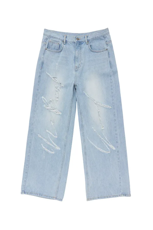 SIGNATURE LOGO DESTROYED DENIM LIGHT BLUE