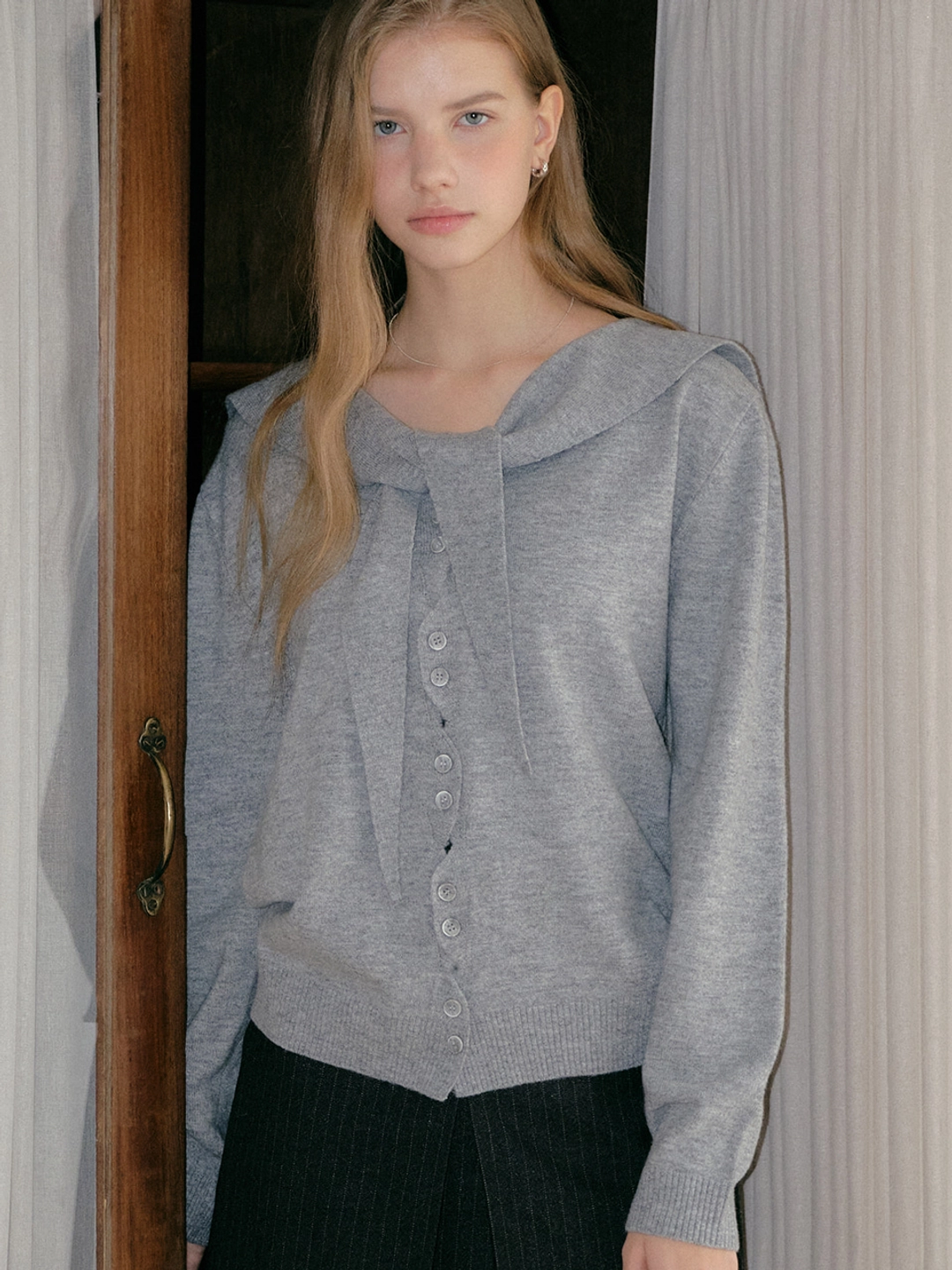 아워코모스 comos 1640 sailor collar wave-button cardigan (light melange) 상품 이미지 2