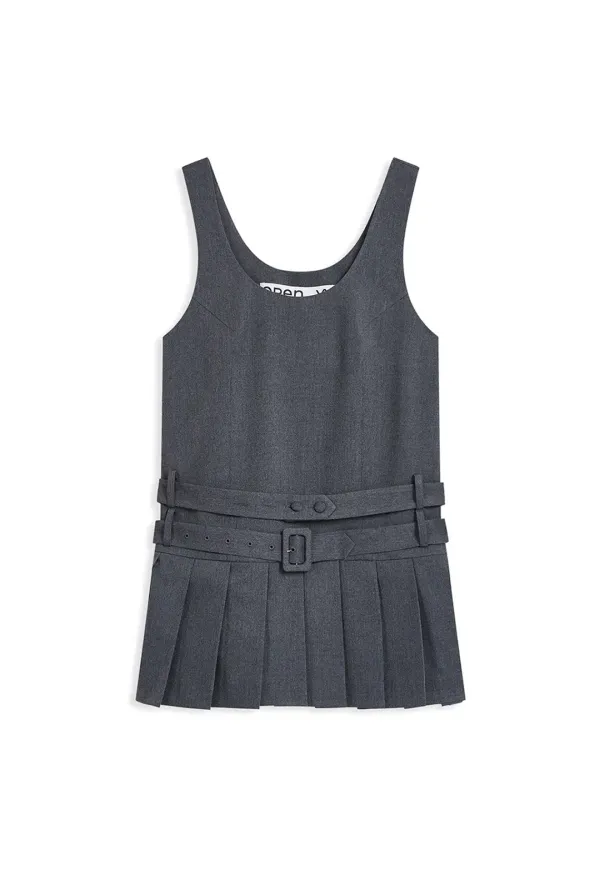 BELTED PLEATED MINI DRESS, GRAY