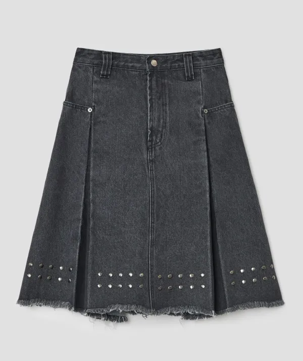 Stud Denim Panel Skirt [Black]