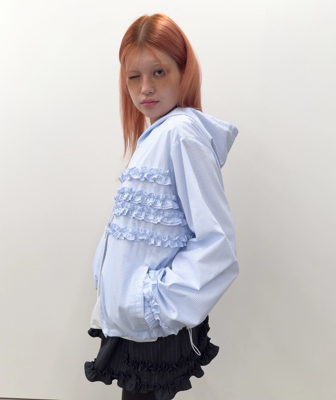타입서비스 Ruffled Plaid Hoodie Jacket [Sky Blue] 상품 이미지 2