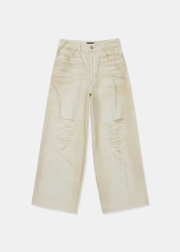 DISTRESSED WIDE-LEG DENIM (SAND BEIGE)