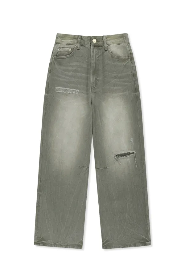 BACK LOGO WASHED DENIM PANTS IN KHAKI