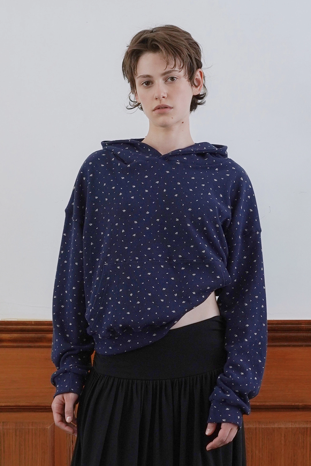 위드아웃썸머 Floral waffle hoodie_navy 상품 이미지 1