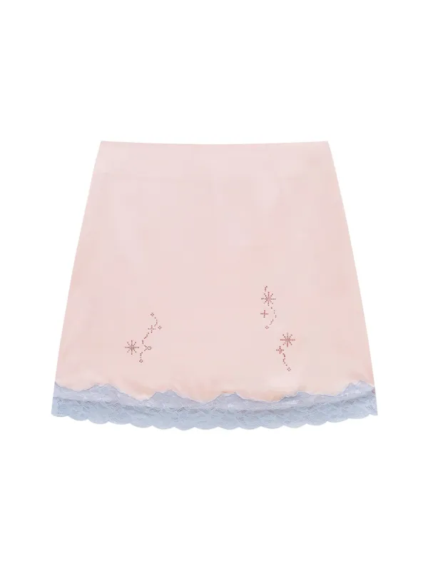 LACE SATIN HOTFIX SKIRT (PINK)