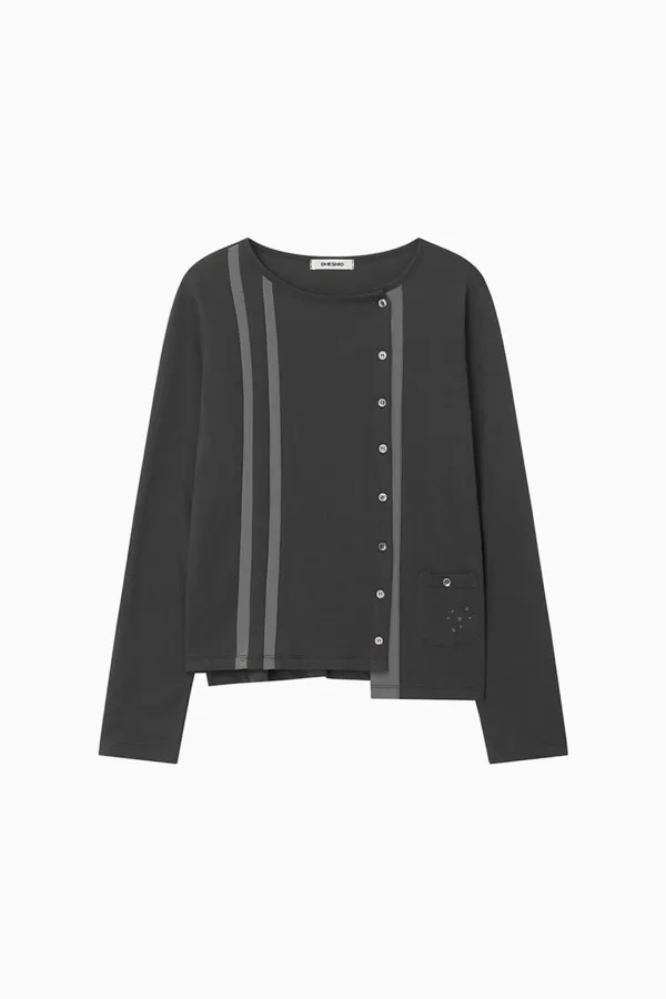 TWO-TONE LINE POCKET CARDIGAN, CHARCOAL