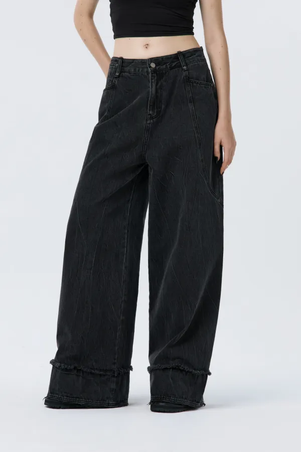 Turn-up Wide Denim Pants [ Black ]