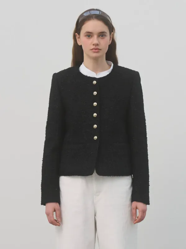 BUTTON POINTED TWEED JACKET - BLACK