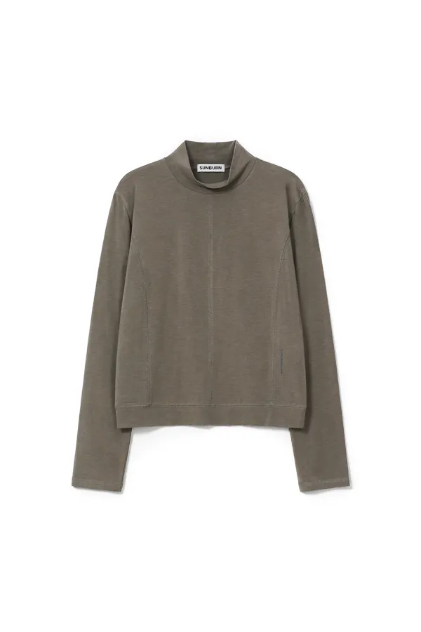 HALF NECK PANELED LONG SLEEVE TOP, BROWN