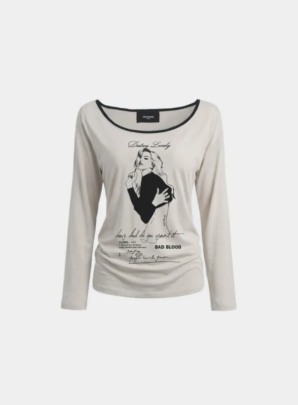 [w-tee26-123] B.A.D. Ladyland Ringer Loose-Fit T-Shirt - Cream