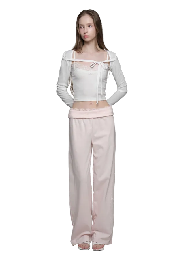 Lace tea straight pants, Pink