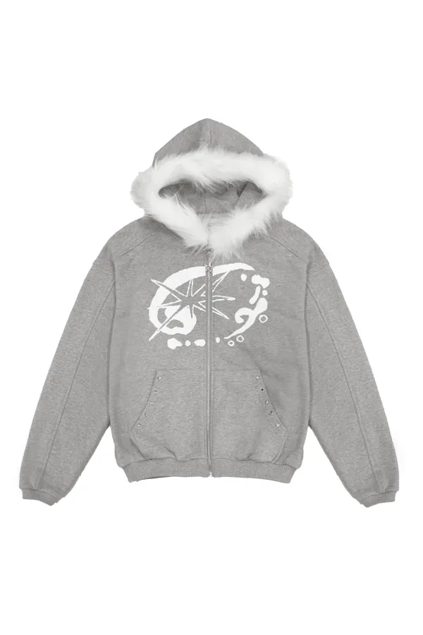FUR TRIMMED HOOD ZIPUP (GRAY)