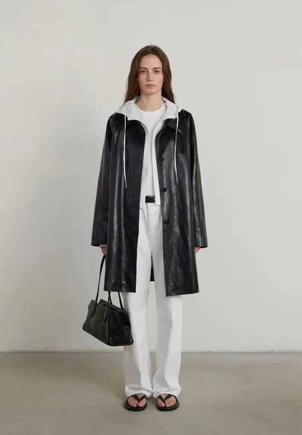 HIDDEN BUTTON LEATHER HALF COAT - BLACK