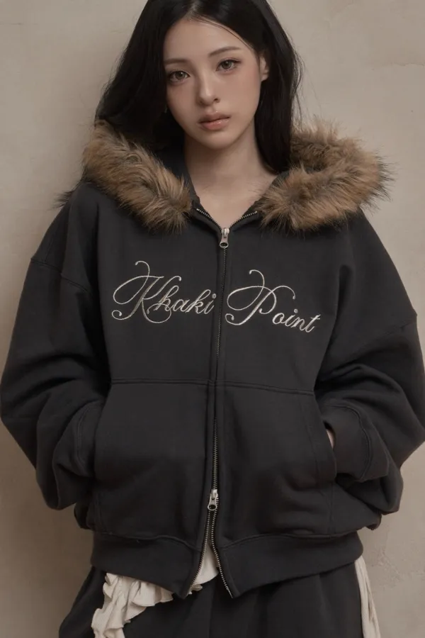 Lettering Fur Hood Zip-up (charcoal)