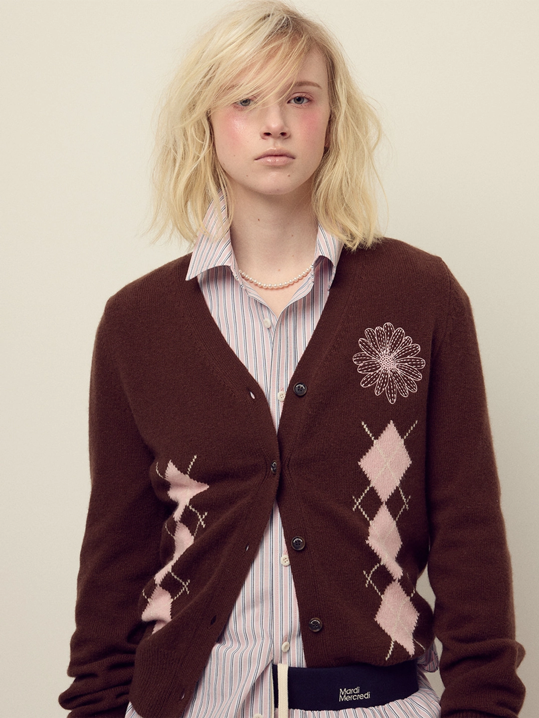 마르디 메크르디 CASHMERE BLENDED CARDIGAN V NECK ARGYLE_CHOCOLATE PINK 상품 이미지 2
