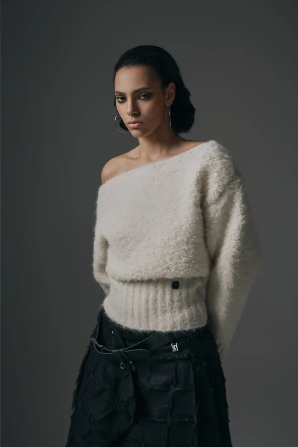 Alpaca Boucle Open Shoulder Knit [ Ivory ]