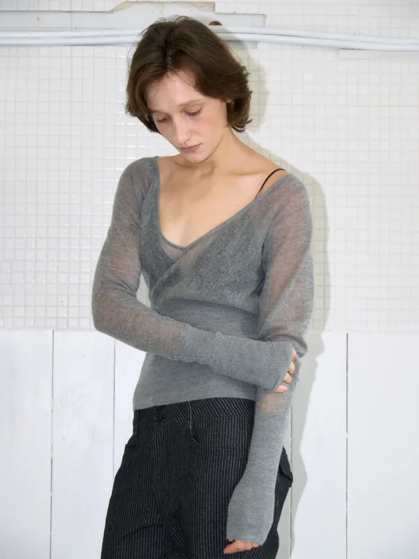Sheer Deep V-Neck Knit [Gray]
