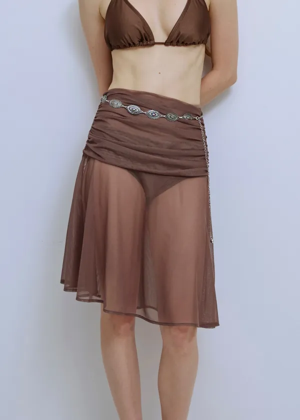 Solid Mesh Shirring Skirt_Brown
