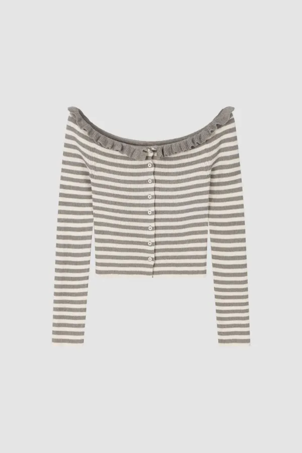 OFF-SHOULDER FRILLED STRIPE CARDIGAN_CREAM/GREY