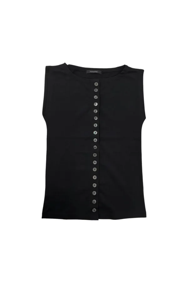 MOTHER OF PEARL BUTTON SLEEVELESS TOP (BLACK)