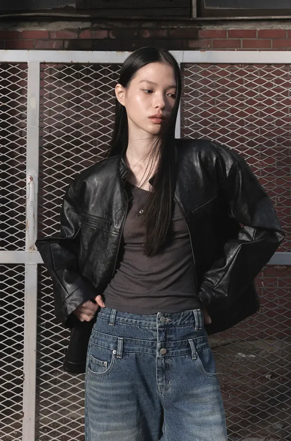 [ESSENTIAL] LEATHER ZIP-UP JACKET