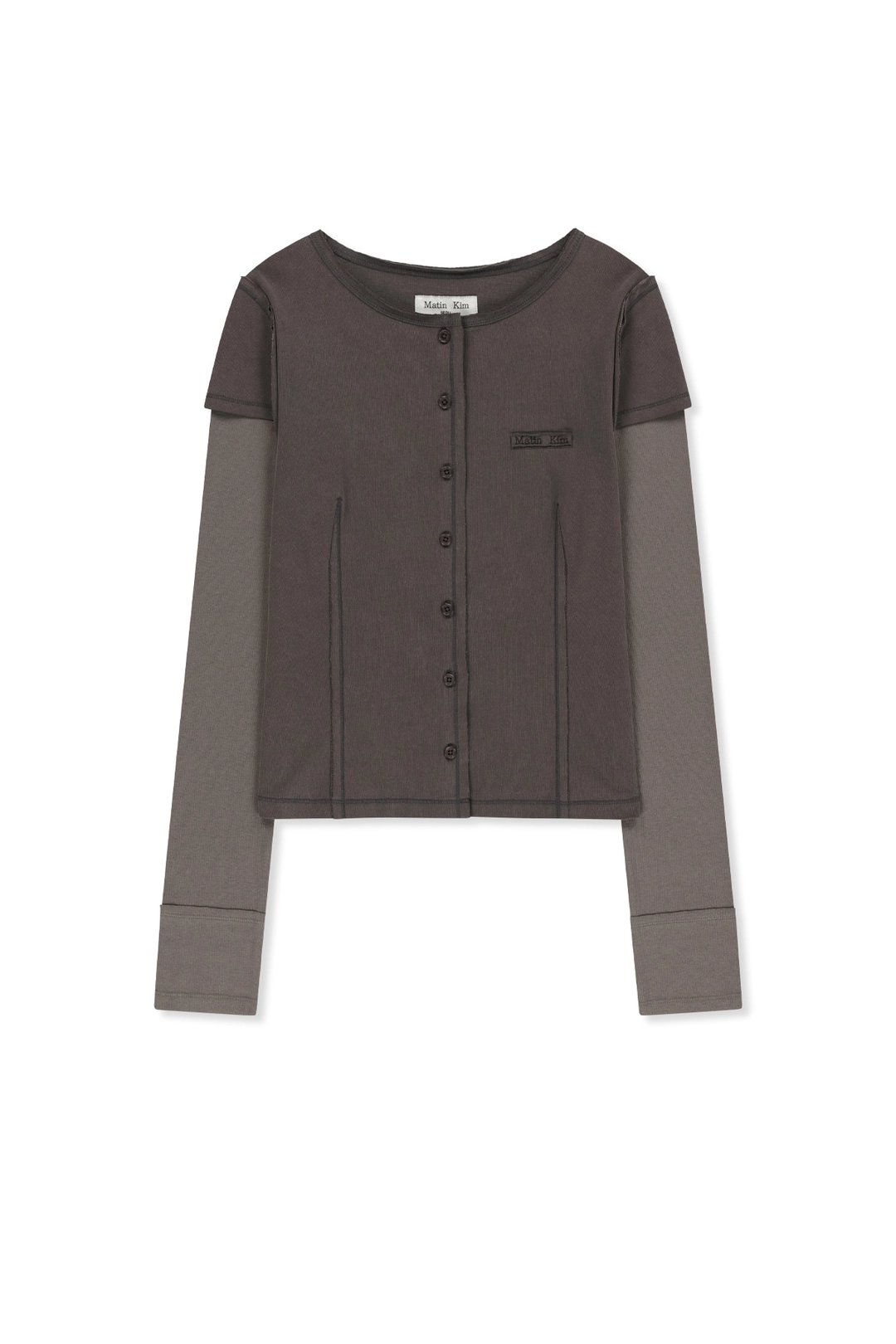 마뗑킴 FADED COLOR BLOCK LAYERED BUTTON TOP IN COCOA 상품 이미지 1