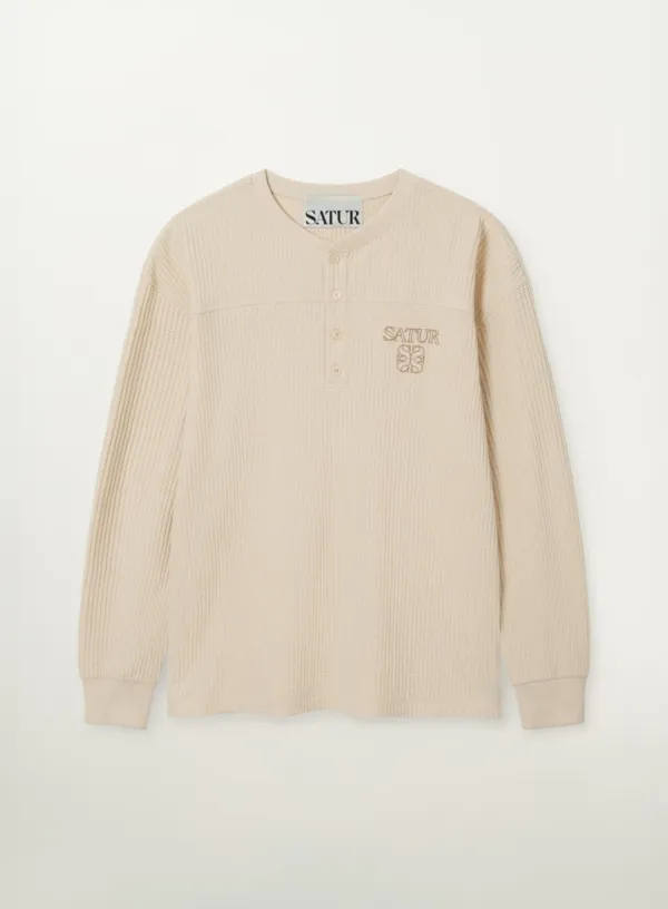 Stitch Waffle Henley Neck Long Sleeve - Cream